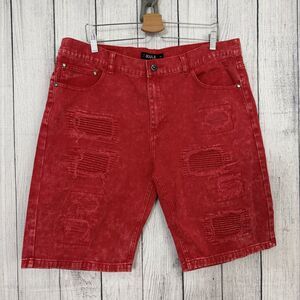 7 Souls Men's W42 Red Distressed Baggy Streetwear Skate Y2K Denim Shorts
